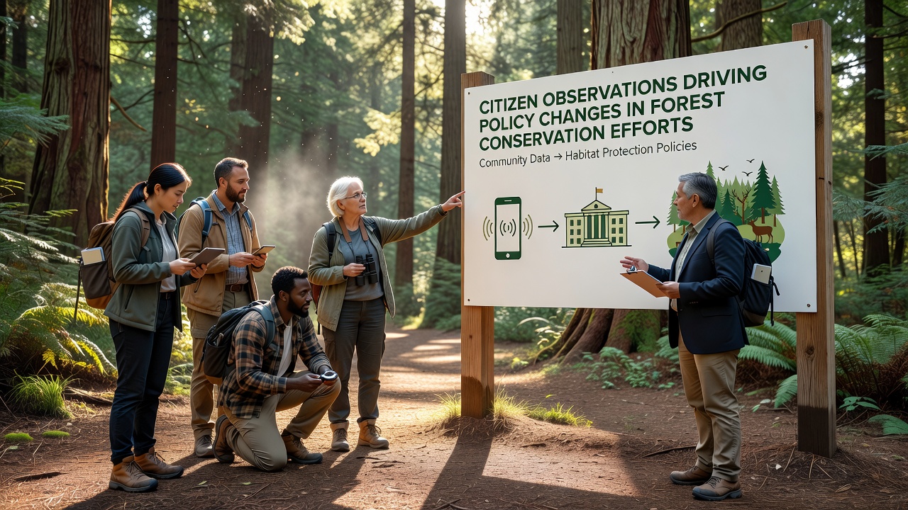 Group of volunteers using mobile devices to log forest observations during a community monitoring event