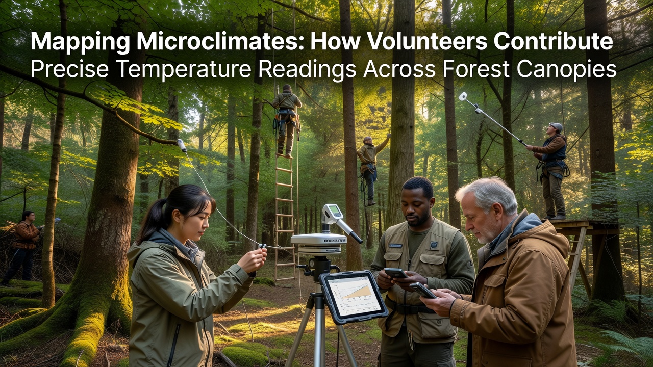 Detailed view of temperature mapping equipment placed at multiple heights within a forest canopy