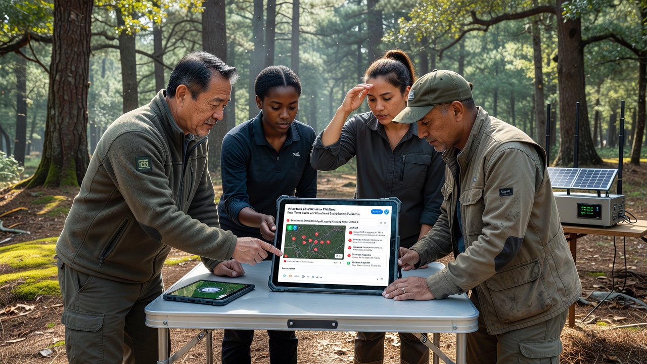 Dashboard view showing clustered mobile uploads and automated alert zones across a forest region